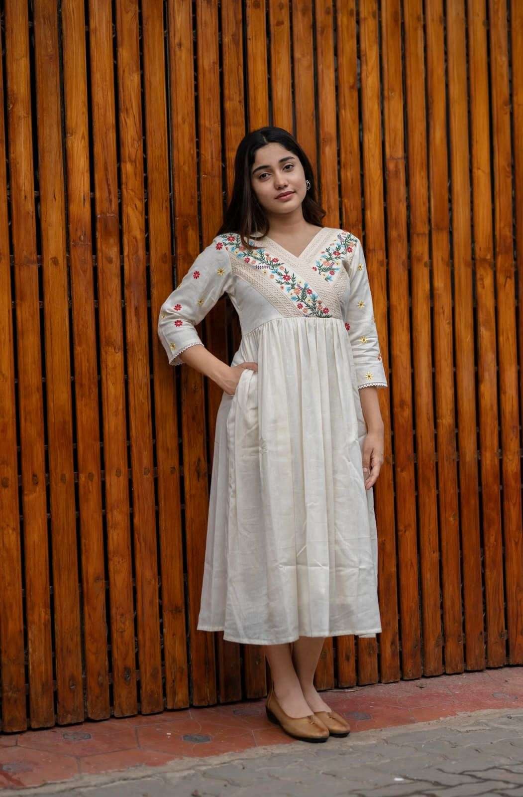 Women's Cotton Embroidered Short Anarkali Gown (Off White)